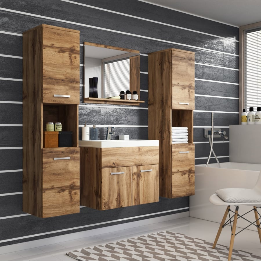 Ensemble meubles salle de bain suspendu XL - Bois effet vieilli LESTER